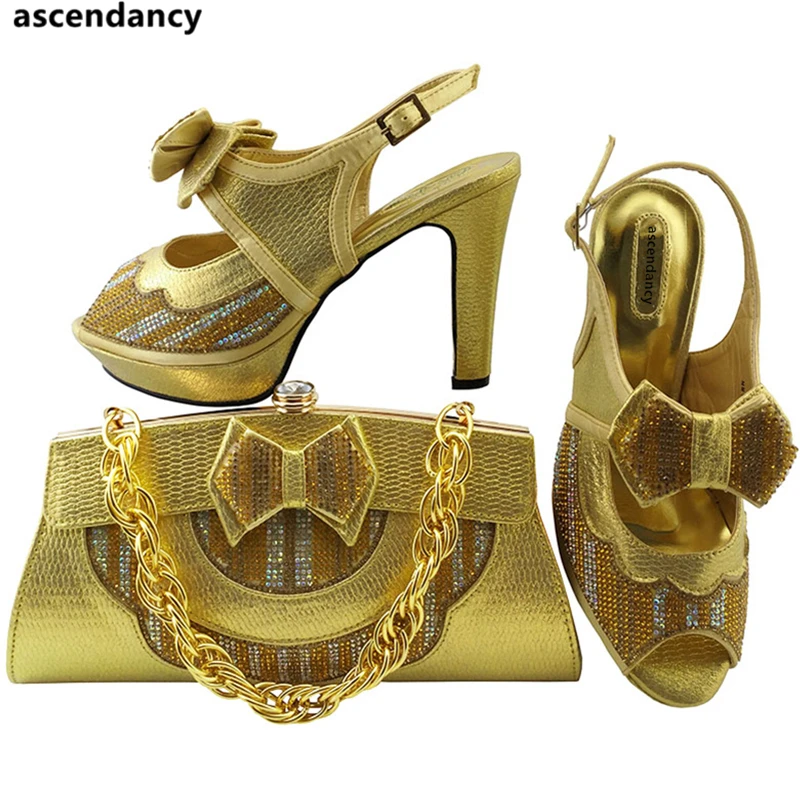 

Gold Color Italian Matching Shoe and Bag Set for Wedding Ladies Italian Shoes and Bag Set Decorated with Rhinestone Party Shoes