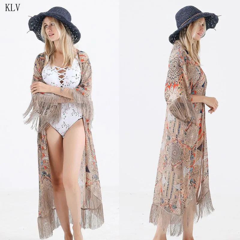 Womens Summer Half Sleeve Chiffon Cardigan Boho Retro Floral Printed Fringed Tassels Bikini Cover Up Ankle Length Kimono Cape