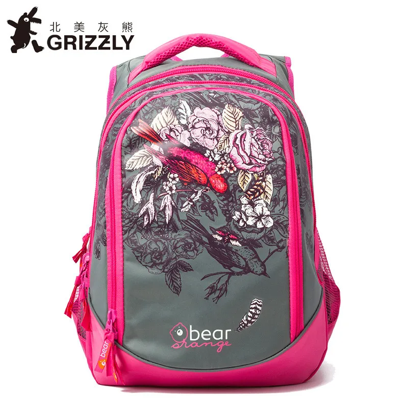

GRIZZLY Children Backpack Girl School Bag Orthopedic Backpacks Floral Primary School Portfolio for Grade 1-4 Double Shoulder Bag