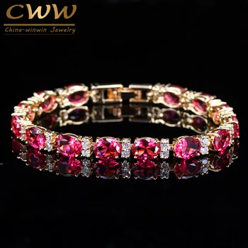 

CWWZircons Classic Yellow Gold Color Round Fuchsia Red AAA Cubic Zirconia Crystal Connected Bracelets Bangles for Women CB047