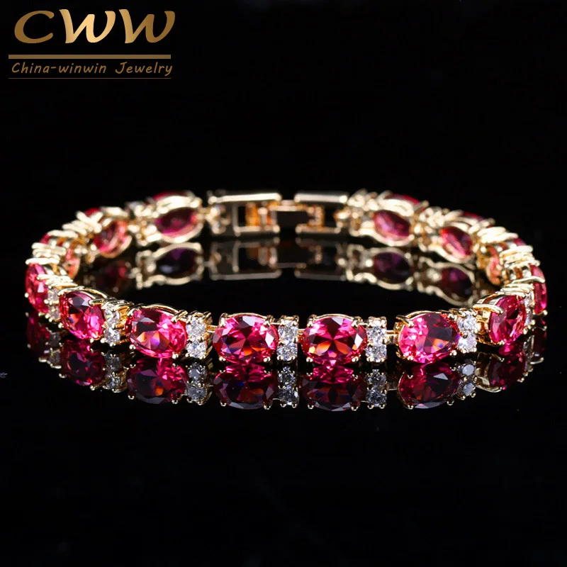 

CWWZircons Latest Design Gold Color Round Fuchsia Red AAA+ Cubic Zirconia Crystal Connected Bracelets Bangles for Women CB047
