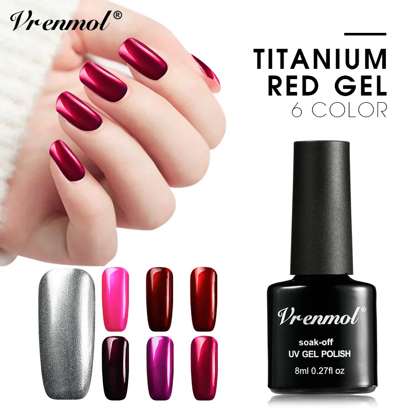 

Vrenmol Nail Mirror Titanium Red Gel UV LED Long Lasting Wine Red Deep Rose Mirrored Metallic Silver Nail Polish Gel Lacquer