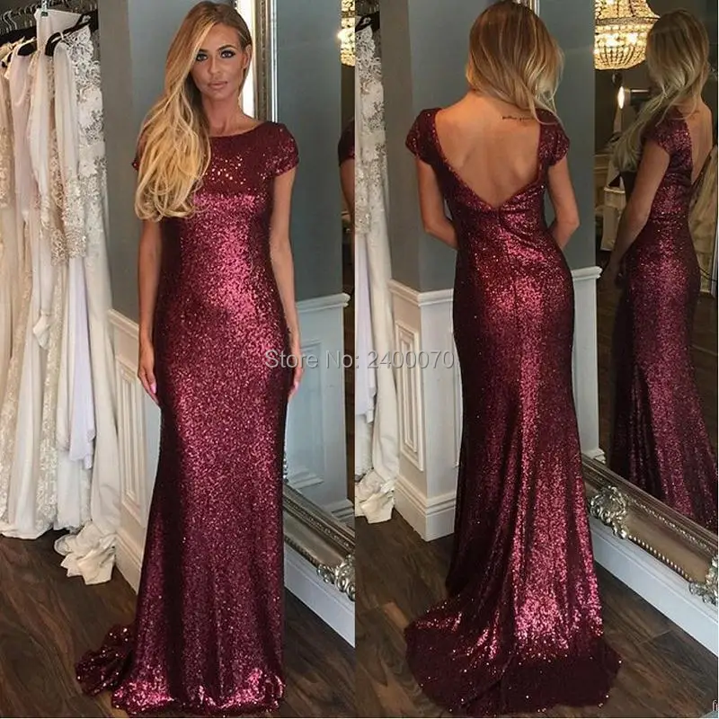 Modest 2016 Bridesmaid Dresses Long Y Backless Bateau Short Modest 2016 Bridesmaid Dresses Long Y Backless Bateau Short Sleeve Maid Of Honor Gowns Burgundy Sequin Mermaid Prom In From Weddings