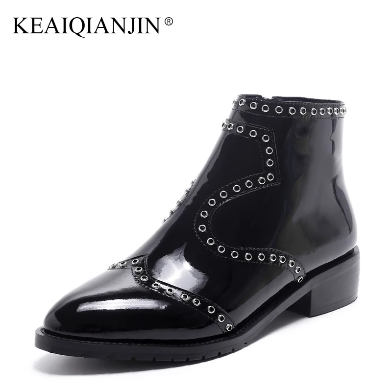 

KEAIQIANJIN Woman Studded Motorcycle Boots Pointed Toe Patent Leather Autumn Winter Ladies Boots Genuine Leather Ankle Boots