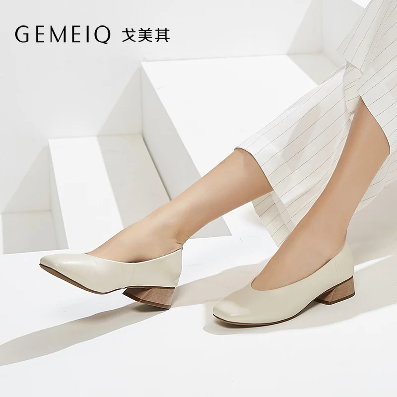 

GEMEIQ Full Grain Leather Shallow Square toe Rough Heel Nude Shoe women 2019 spring New Style Retro Square toe glove shoes