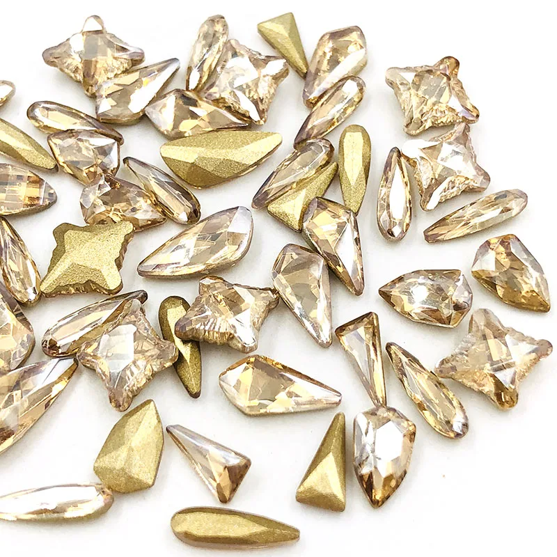 Новое поступление Золотое шампанское остроконечное стекло кристалл не горячей фиксации Стразы для ногтей смешанные формы смешанный размер 20шт/50 шт