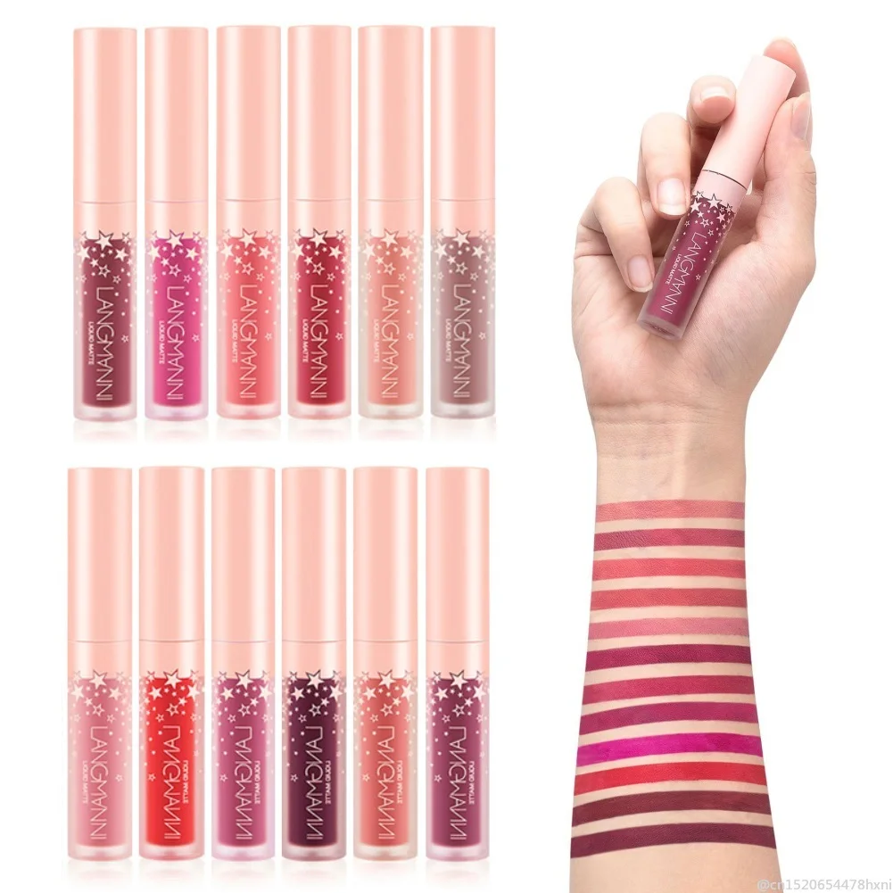 

Langmanni 12 Colors Matte Liquid Lipgloss Set Velvet Nude Glitter Lipstick Lip Tint Waterproof Batom Make Up Maquillaje TSLM2