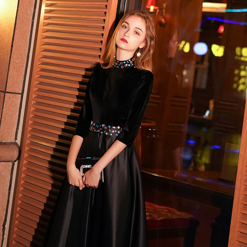weiyin Black Velour Evening Dress Long 2018 Sexy A-line Party Dress Crystal Half Sleeves Prom Dresses Robe De Soiree WY1051