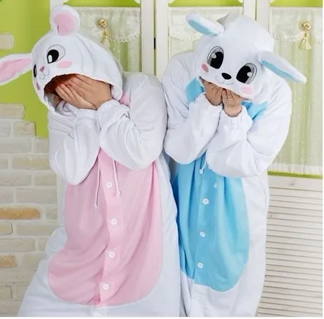 Lovely Cute Animal BluePink Rabbit Onesie for Women Men Adult Cosplay Pajamas Fleece Hooded Sleepwear Romper Party Pajama S-XL