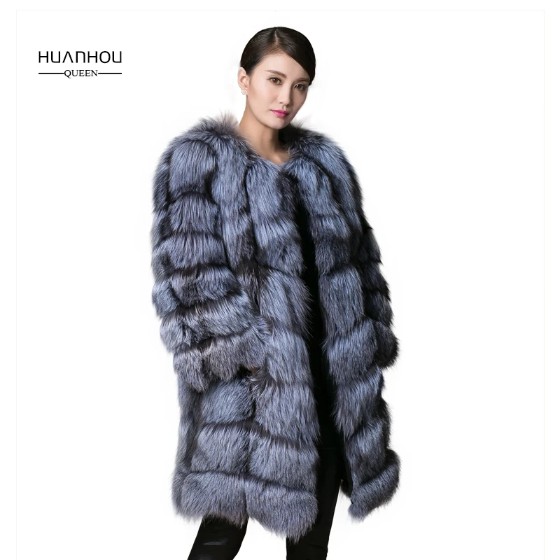 

fur coat real silver fox fur coat for women's long style with three quarter sleeves, thick warm fox fur jacet.