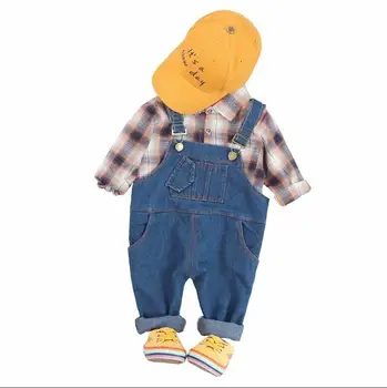 

Spring Autumn Children Baby Boys Girls Clothes Infant Plaid Shirt Letter Strap Bib Pants Sets Toddler Clothing Kids Tracksuits