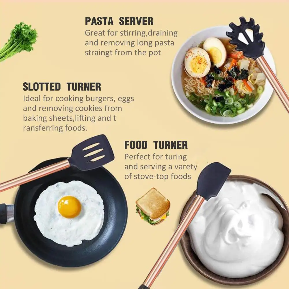 11 шт. Медь покрытием ручки силиконовые Кухонные принадлежности не прилипающий для готовки совка ложки Комплект кухонных принадлежностей
