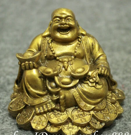 

$old craft$ beautiful Chinese Brass Buddhism Wealth Coin YuanBao Happy Laughing Maitreya Buddha Statue (A0314)