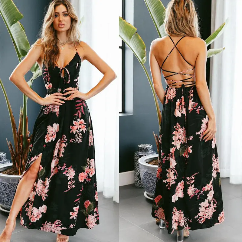 Women V Neck Spaghetti Straps Floral Printed Dresses Lace Up Backless ...