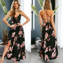 Women V Neck Spaghetti Straps Floral Printed Dresses Lace up Backless Slit Side Long Maxi Dress plunge floral print side slit jumpsuit