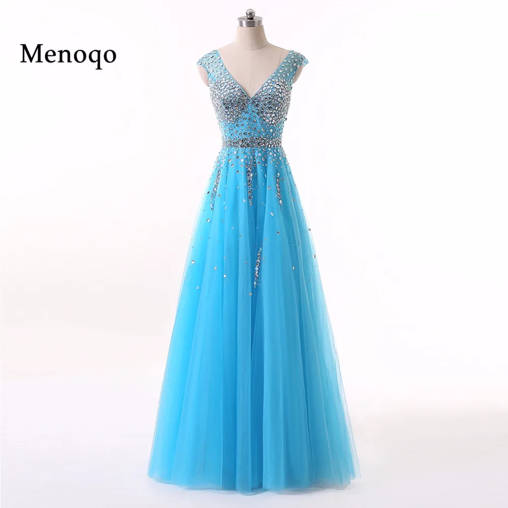 Menoqo Vestidos De Festa Prom Dresses 2017 V neck Sleeveless Tulle Crystal A-line Long Evening W1701167 | Свадьбы и торжества