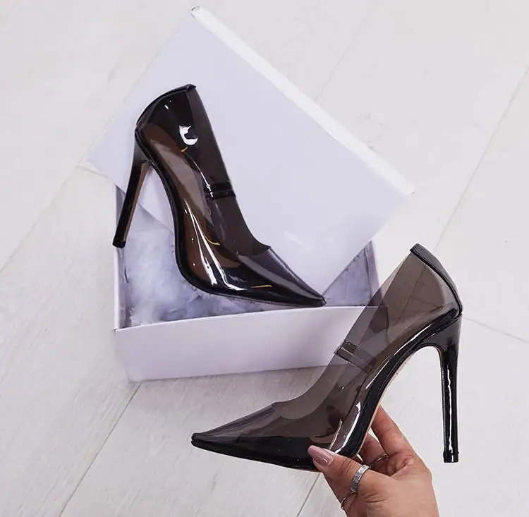 

2018 Summer New Fashion Show Pointed Toe Transparent PVC Upper High Heels Shoes Woman Slip On Stilettos Zapatillas Mujer
