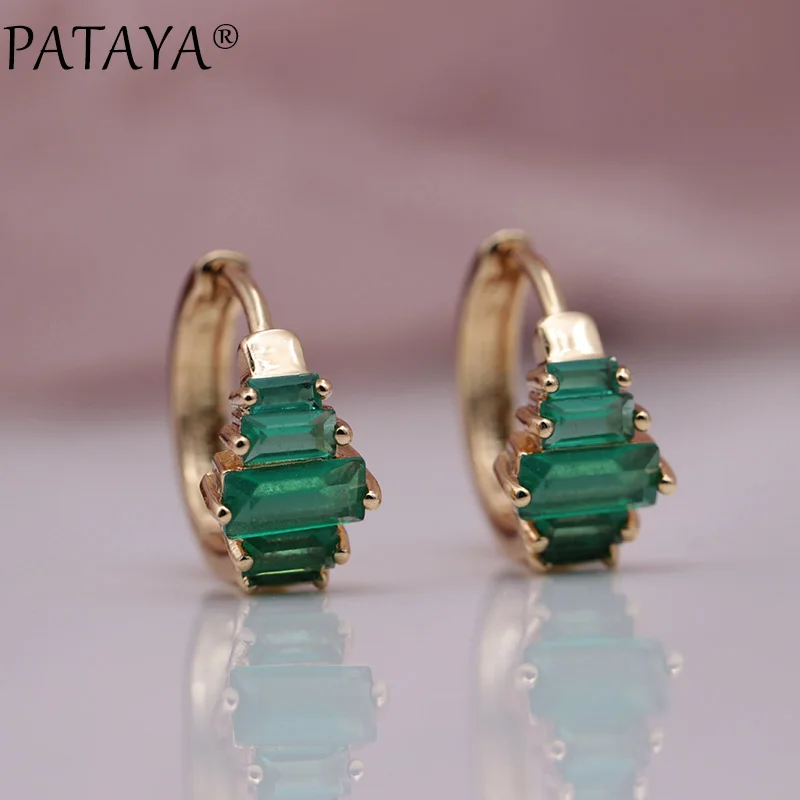 

PATAYA New 585 Rose Gold Green Five Square Natural Zirconia Small Dangle Earrings Women Wedding Fine Cute Jewelry Accessories