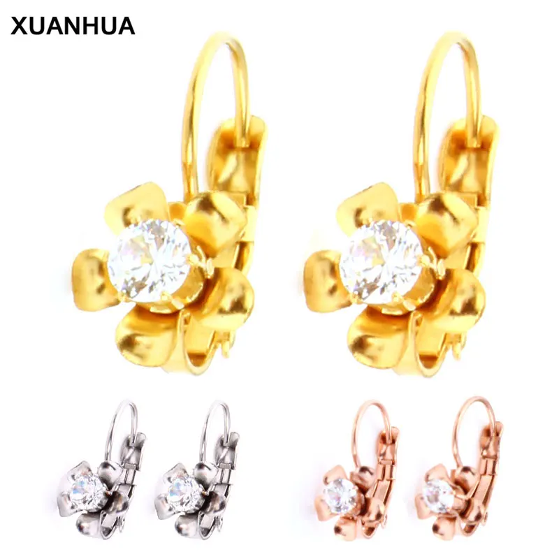 XUANHUA, опт, серьги в виде цветка из нержавеющей стали с камнями, модные ювелирные изделия, серьги-гвоздики для женщин, ювелирные серьги