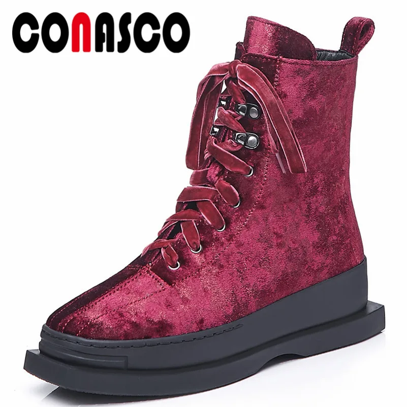 

CONASCO Top Quality Autumn Winter Velvet Women Ankle Boots Platforms Short Corss-tied Party Shoes Woman Sexy Comfort Boots