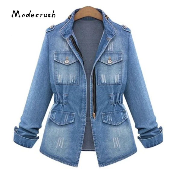 

Modecrush Women Plus Size Denim Jacket 2018 Elastic Waist Pockets Vintage Ladies Oversized Jean Jacket Female Casual Loose Tops