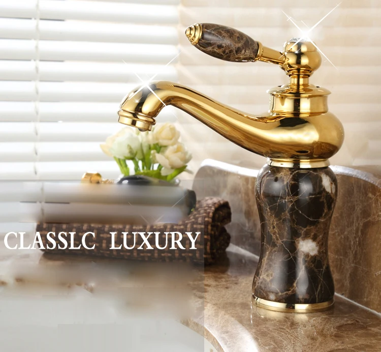 Bathroom Golden-Plated Solid Brass Jade Torneira Cozinha with Marble Basin Faucet Single Handle Hot and Cold Water Mixer Tap Bathroom Golden-Plated Solid Brass Jade Torneira Cozinha with Marble Basin Faucet Single Handle Hot and Cold Water Mixer Tap