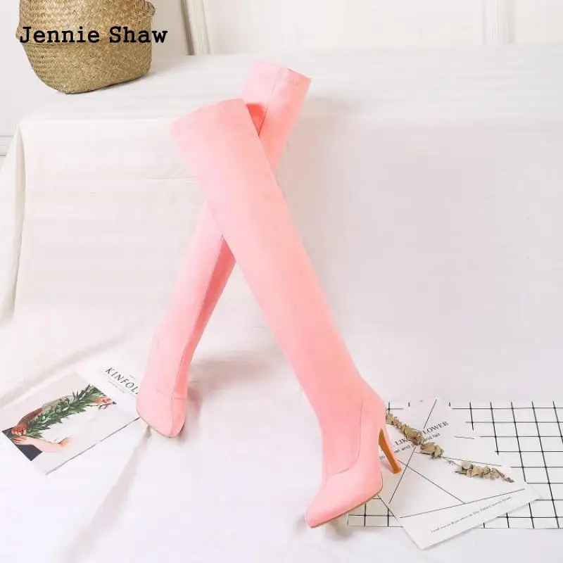 Розовые высокие сапоги до колена; женские фиолетовые сапоги на высоком каблуке с острым носком и эластичной резинкой