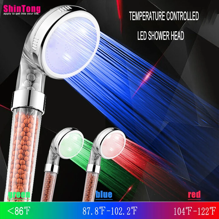 

LED 3 color temperature control High Pressure Handheld Shower Head 3.1inch ion shower head water saving Hand shower ShinTong