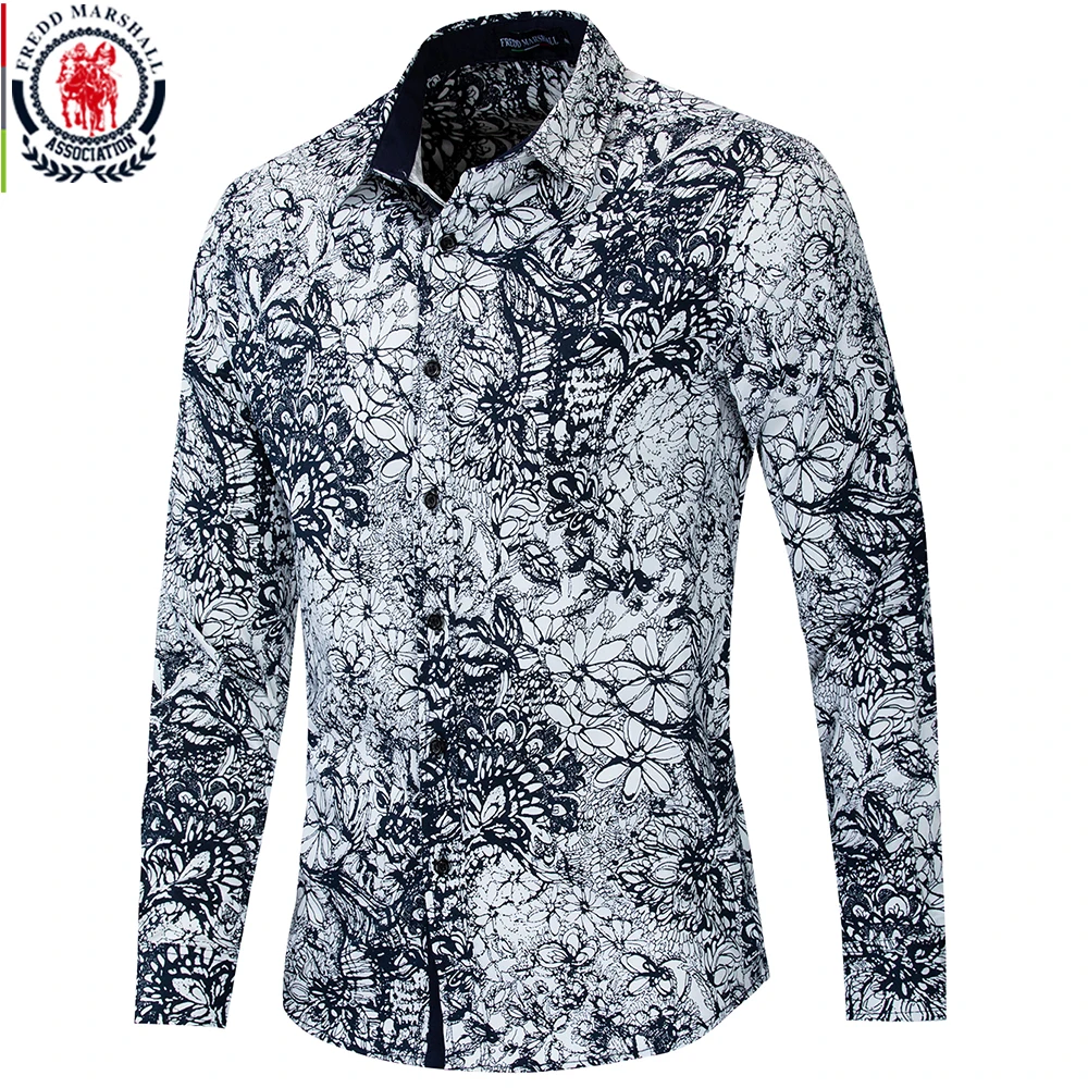 

Fredd Marshall 2019 Fashion Flower Shirt Men Long Sleeve Casual Button Down Dress Shirt 100% Cotton Beach Hawaiian Shirts 56004