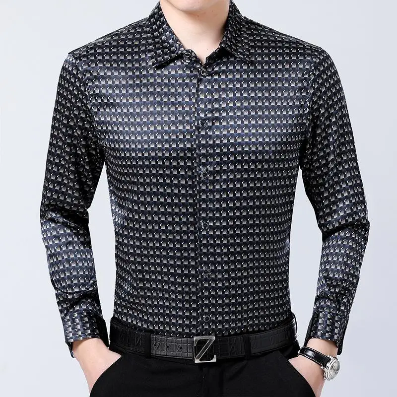 Новая мужская деловая шелковая рубашка с длинными рукавами, 92% шелк, нежелезная клетчатая рубашка - Цвет: Черный