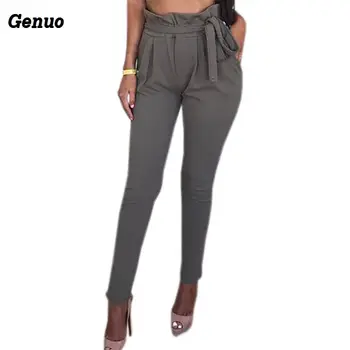 

OL Chiffon Pants Summer Women Harem Pants 2020 Sexy Casual Solid Sashes Bow Pockets Bodycon Long Pants Trousers 6 Color Genuo