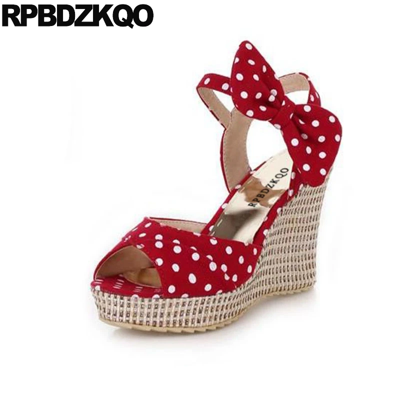 via Forøge muggen High Heels Pumps Rope Peep Toe Bowtie Fetish Female Espadrilles Bow Shoes  Red Polka Dot Embellished Women Wedge Platform Sandals|High Heels| -  AliExpress