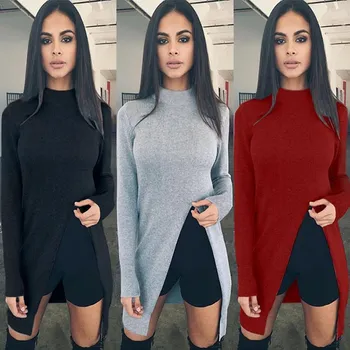 

Women Fashion Long Sleeve Turtleneck Knitted Sweaters Pullovers High Split Casual Knitwear Sweater Solid Women's Clothing