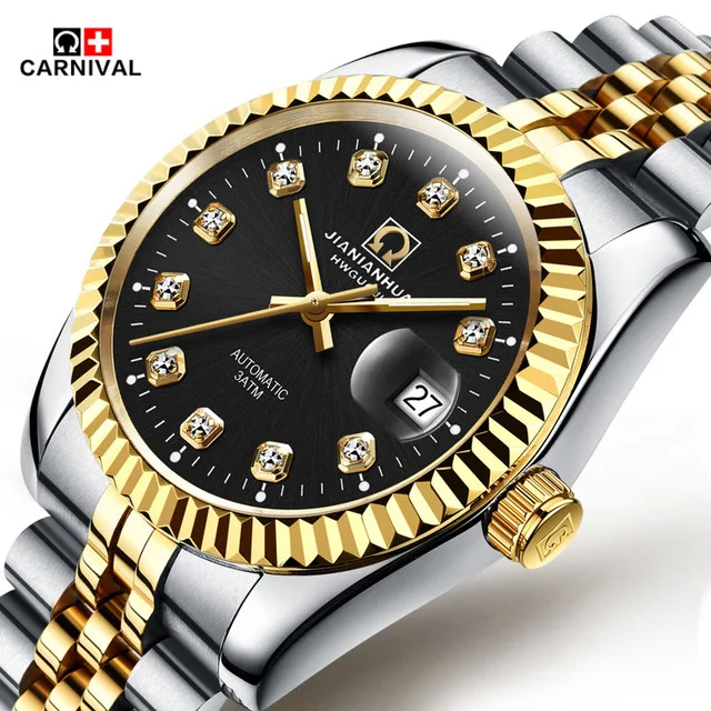 Карнавальная майка бренд автоматические часы мужские Роскошные Алмаз Золото деловые часы Datejust рифленый ободок для мужчин s часы horloges mannen - Цвет: black