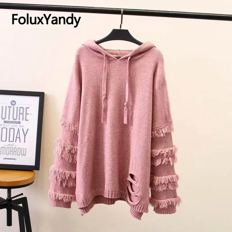 Hole Tassel Sweater Women New Autumn Spring Casual Hooded Loose Long Sleeve Knitted Pullover Solid Sweaters KKFY2773