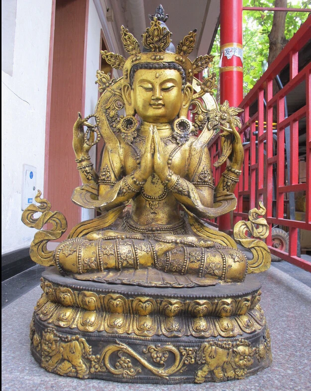 

004621 38"Huge Tibet Bronze Gild Four armed kwan-Yin Sit Lions Buddha statue