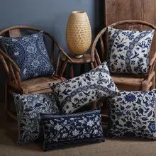 Vintage azul blanco porcelana funda de almohada decoración del hogar funda de cojín Floral Lino funda de almohada cojines de sofá