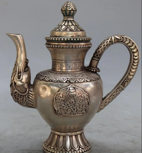 

7" Marked Chinese Feng Shui Silver Dragon Flagon Wine Tea Pot Winepot Statue R0707
