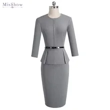 New Arrival Autumn Formal Peplum Office Lady Dress Elegant Sheath Bodycon Work Business Pencil Dress two tone peplum sheath work dress with sleeves