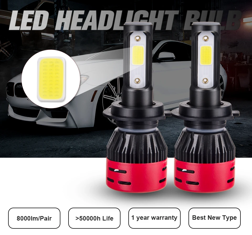 Mini H7 Led Bulb H4 Led Car Headlight 12V 72W 8000LM H1 H3 H8 H9 H11 LED Car Lights 6500K 9005 9006 9012 COB Chips Led Lamp Auto (1)
