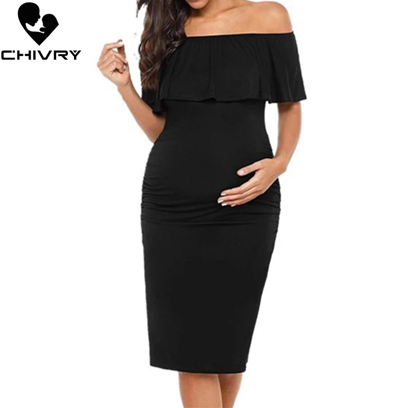 

Chivry Pregnant Women Pregnancy Dress Fashion Short Sleeve Slash Neck Solid Ruffles Mama Dress Maternity Clothing Dresses