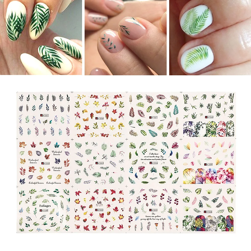12 дизайн Переводные аппликации для ногтей Набор Летние цветные листья наклейки для ногтей украшения татуировки Советы