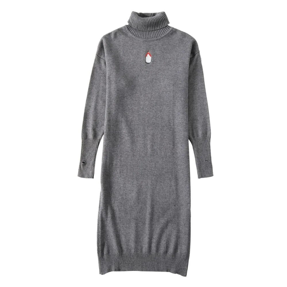 Spring New Turtleneck Women Knitted Dresses Ladies Long Pullovers Autumn Embroidery Gray Split Hem Thumb Hole Loose | Женская одежда