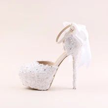 White lace flowers high-heeled round waterproof table bridal shoes Wristbands wedding shoes bow women sandals