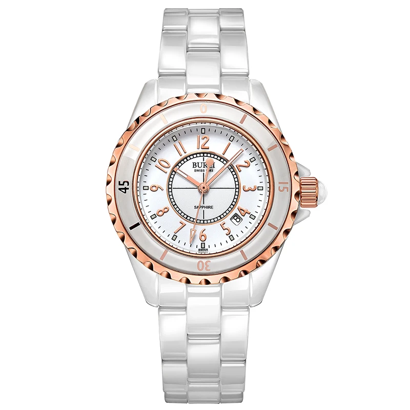 

BUREI 18003 Switzerland watch women luxury brand J12 series pearl Ceramic calendar fashion number rose gold relogio feminino
