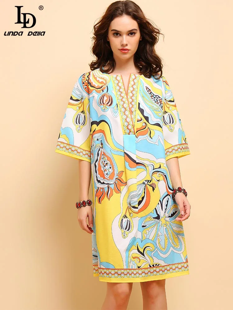 Женское свободное платье миди LD LINDA DELLA, повседневные платья больших размеров для отпуска, платья 5XL с коротким рукавом и цветочным принтом, лето - Цвет: Многоцветный