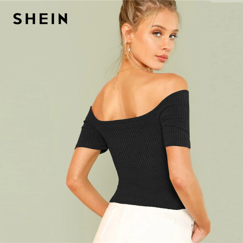 SHEIN Короткий Топ С Открытыми Плечами Модный Топ Бандо С Короткими Рукавами В Рубчик На Запах