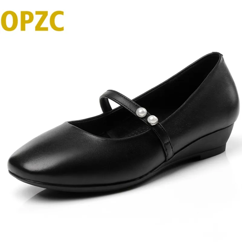 

AIYUQI 2019 New Womens Flats Slip on Block Heels Genuine leather Pearl Lady Loafers Shoes Natural leather Mary Jane casual shoes