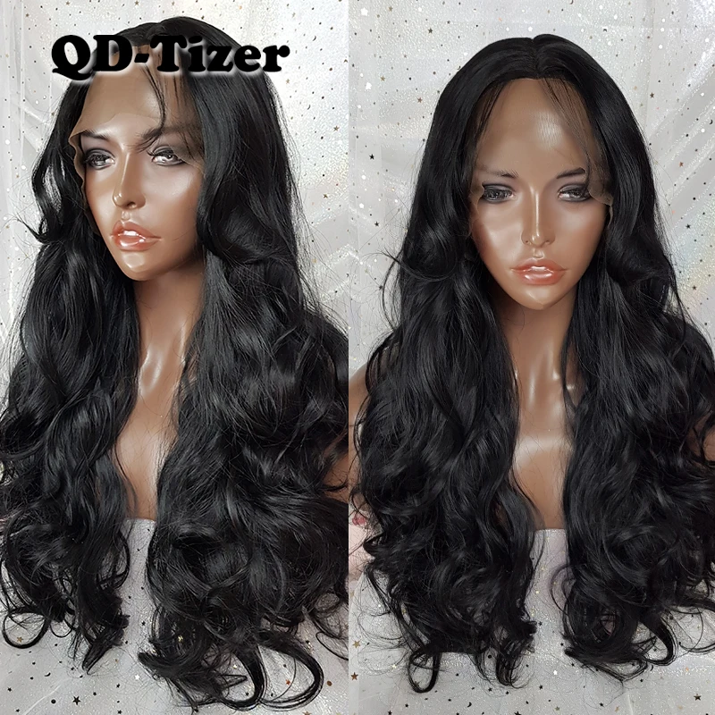 QD-Tizer Hair Body Wave Black Color Lace Front Wigs Natural with Bangs Long Wavy Synthetic Lace Front Wig for Beauty Women4