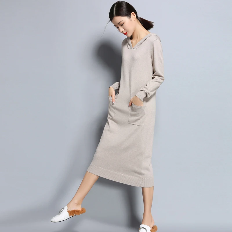 

adishree 2017 womens winter Cashmere Hooded and auntmun women knitted Dresses Pullovers High Quality Warm Female Hooded